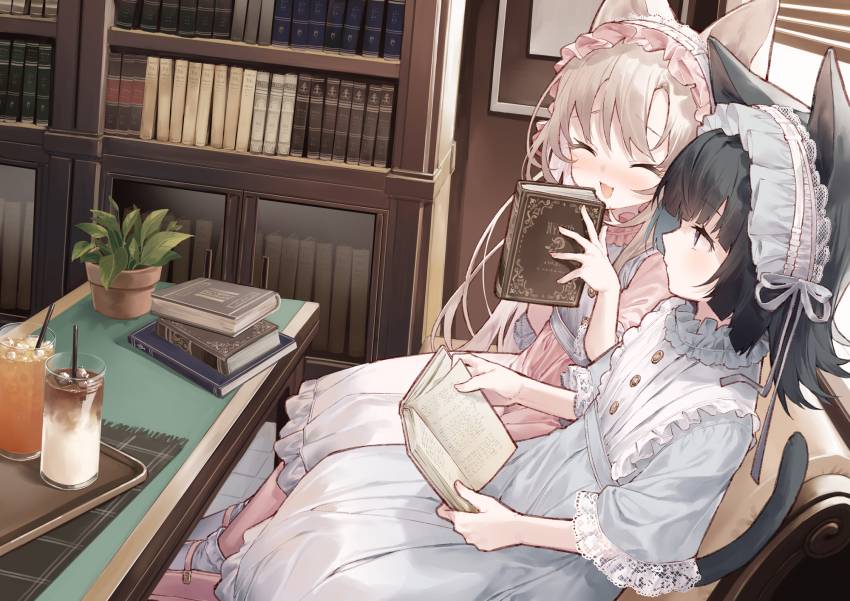2girls :d ^_^ animal_ears black_hair blush book book_stack bookshelf brown_hair cat_ears cat_girl cat_tail closed_eyes commentary_request couch cup day dress drinking_glass drinking_straw flower_pot grey_dress grey_eyes highres holding holding_book ice ice_cube indoors long_hair multiple_girls on_couch open_book open_mouth original pink_dress plant potted_plant short_sleeves sitting smile sunlight tail tokuno_yuika tray very_long_hair window window_blinds