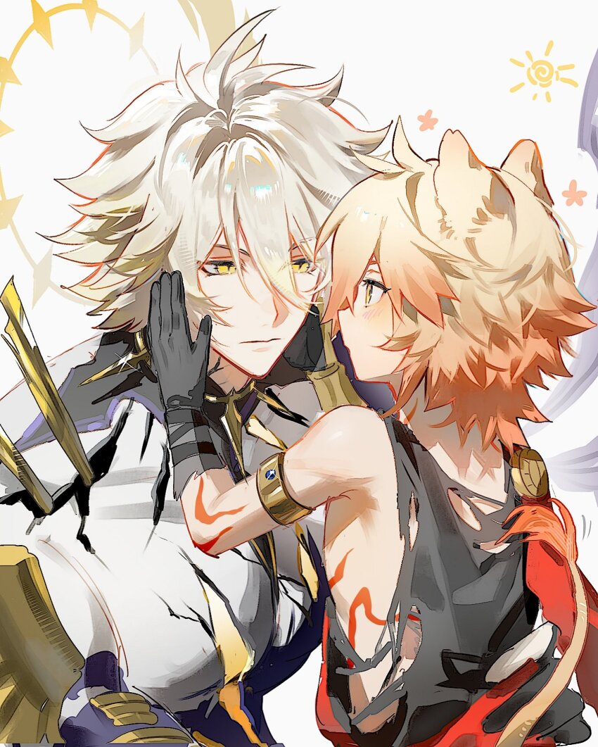 2boys aged_down animal_ears antenna_hair armlet blonde_hair blush cracked_skin eye_contact gradient_hair hair_between_eyes halo halo_behind_head hand_on_another&#039;s_face highres honkai:_star_rail honkai_(series) jewelry lion_boy lion_ears lion_tail looking_at_another male_focus material_growth medium_hair multicolored_hair multiple_boys mydei_(honkai:_star_rail) phainon_(honkai:_star_rail) red_hair red_tattoo revision shirt simple_background sleeveless sleeveless_shirt suirandanshihao tail torn_clothes torn_shirt white_background yellow_eyes