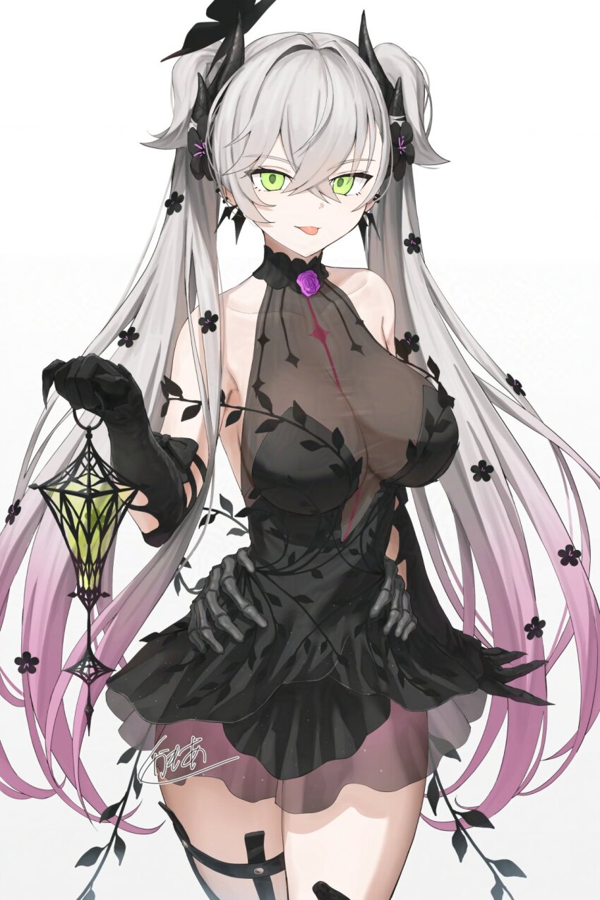 black_butterfly black_dress black_hands body_markings bug butterfly colored_extremities corsage crossed_bangs demon_girl demon_horns dress fate/grand_order fate_(series) gothic_lolita green_eyes hair_around_horn highres holding holding_lantern horns insect kamo_ashi lantern lilith_(fate) lilith_(fgo_fes._2025)_(fate) lolita_fashion long_hair looking_at_viewer multicolored_hair pointy_ears see-through_cleavage see-through_clothes skeletal_hand stomach_tattoo tattoo tattoo_between_breasts tongue tongue_out twintails white_hair