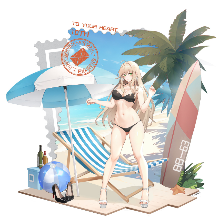 1girl ball beach beach_chair beach_umbrella beachball bikini black_bikini blonde_hair blue_sky breasts day earrings green_eyes high_heels highres jewelry large_breasts long_hair missouri_(warship_girls_r) navel ocean palm_tree sand sandals sky solo star_(symbol) star_earrings surfboard swimsuit tree umbrella very_long_hair warship_girls_r xnnagu