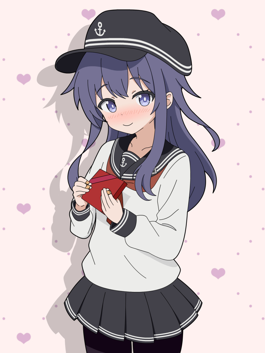 1girl akatsuki_(kancolle) anchor_symbol bandaid bandaid_on_finger black_sailor_collar black_skirt blue_eyes blue_hair blush commentary_request excited gift hair_between_eyes hands_up hat heart highres holding holding_gift kantai_collection long_hair looking_at_viewer miniskirt pleated_skirt purple_eyes purple_hair sailor_collar school_uniform serafuku shirt skirt smile solo sugapi valentine white_shirt