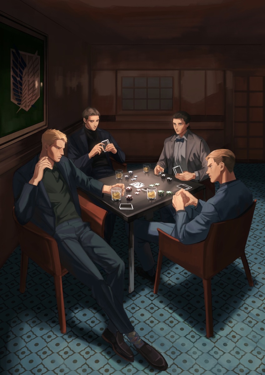 4boys ace_(playing_card) ace_of_hearts alcohol black_shirt blonde_hair blue_bow blue_bowtie blue_jacket blue_pants bow bowtie brown_hair card closed_mouth cup eren_yeager gambling glass grey_jacket heart highres holding holding_card indoors jacket jean_kirstein kogu_(nue_insideout) male_focus multiple_boys pants playing_card poker poker_chip porco_galliard reiner_braun shingeki_no_kyojin shirt short_hair two_of_spades window