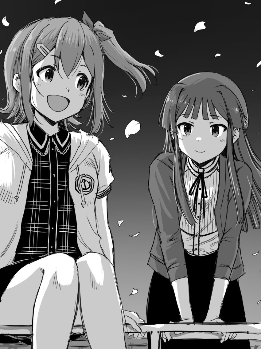 2girls :d blunt_bangs blunt_ends closed_mouth collared_shirt dot_nose double-parted_bangs falling_petals flipped_hair gradient_background greyscale hair_ornament hair_over_shoulder hair_ribbon hairpin highres hood hoodie idolmaster idolmaster_million_live! idolmaster_million_live!_theater_days jungle_gym kasuga_mirai light_blush light_smile long_hair long_sleeves looking_at_another looking_to_the_side matcha_kingyo medium_hair mogami_shizuka monochrome multiple_girls neck_ribbon night night_sky open_clothes open_hoodie open_mouth outdoors petals ribbon shirt short_sleeves side_ponytail sidelocks sitting skirt sky smile