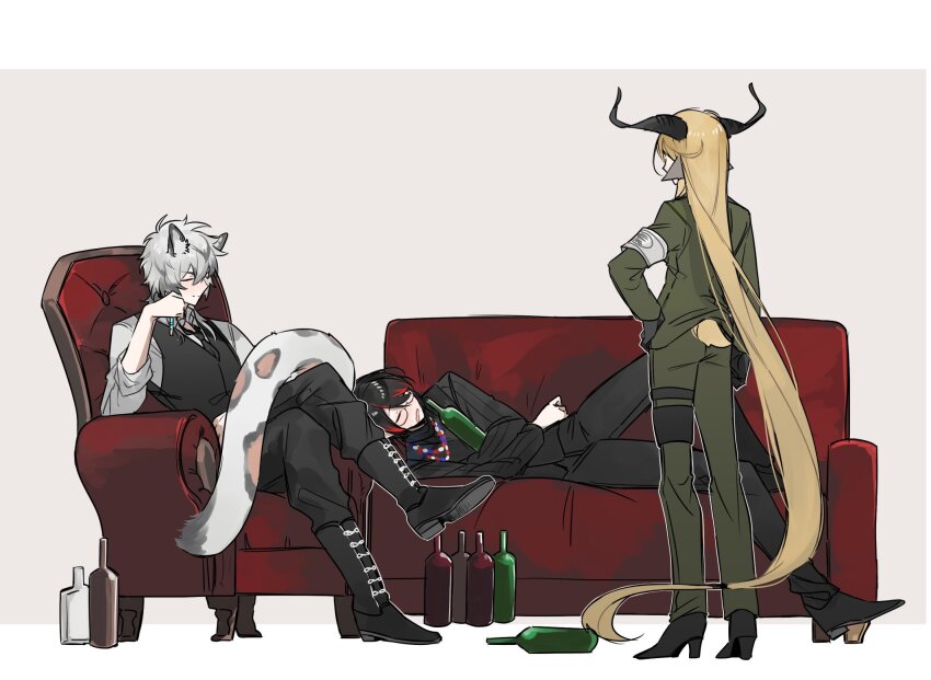 1girl 2boys absurdly_long_hair animal_ears annoyed arknights black_footwear black_gloves black_hair black_pants black_vest blonde_hair boots border bottle brown_background chair closed_eyes couch crossed_arms crossed_legs degenbrecher_(arknights) drooling drunk empty_bottle facing_away formal_clothes full_body gloves gnosis_(arknights) goat_ears goat_girl goat_horns goat_tail green_suit grey_hair grey_shirt hand_on_own_hip head_rest highres holding holding_bottle horns long_hair multicolored_hair multiple_boys pants red_hair shirt short_hair silverash_(arknights) sleeping snow_leopard_boy snow_leopard_ears snow_leopard_tail streaked_hair suit thigh_strap very_long_hair vest yakota_(usuk-yako)