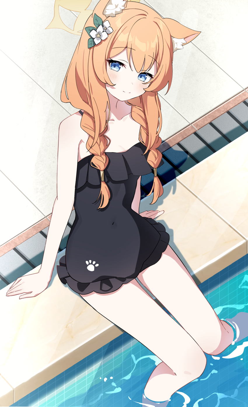 1girl absurdres animal_ears black_one-piece_swimsuit blue_archive blush braid closed_mouth collarbone commentary comorebi flat_chest flower hair_flower hair_ornament halo highres looking_at_viewer mari_(blue_archive) mari_(swimsuit)_(blue_archive) official_alternate_costume one-piece_swimsuit orange_hair pool sitting smile solo swimsuit symbol-only_commentary twin_braids water white_flower yellow_halo