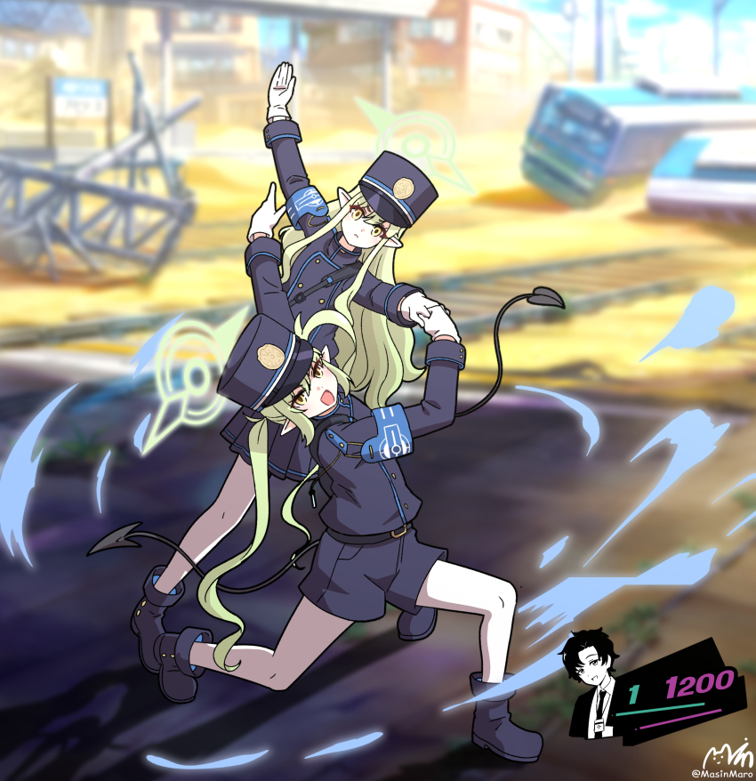 2girls :d absurdres armband black_footwear black_hat black_shorts black_skirt blue_archive blue_archive_the_animation blue_armband blurry blurry_background boots commentary_request demon_tail frown full_body gloves green_hair green_halo halo hat highres hikari_(blue_archive) holding_hands long_hair looking_at_viewer majinmallow multiple_girls multiple_unit_train nozomi_(blue_archive) open_mouth outdoors parody persona persona_5 pointy_ears railroad_tracks shako_cap shorts sidelocks skirt smile tail train trait_connection twintails white_gloves yellow_eyes