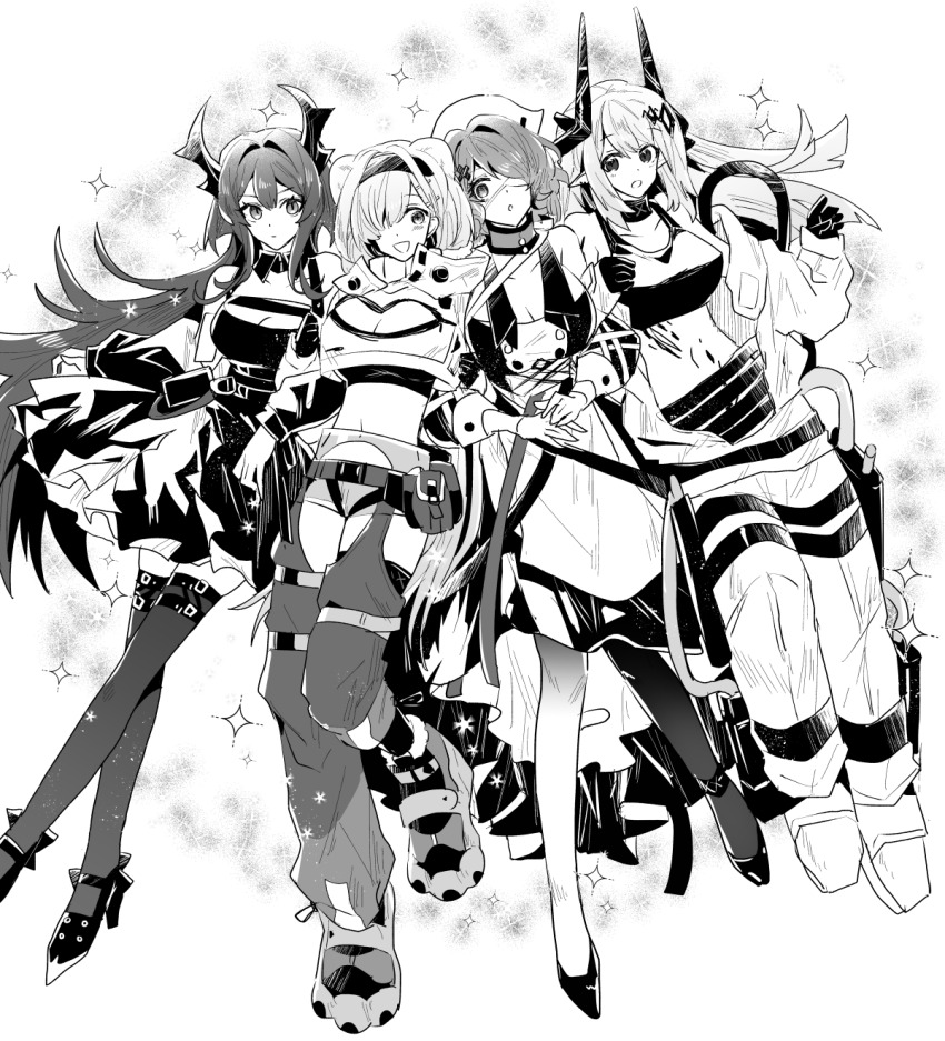 4girls :d :o animal_ears arknights aurora_(arknights) bear_ears bear_girl breasts cleavage cleavage_cutout clothing_cutout detached_sleeves dress eyepatch full_body gloves greyscale hair_intakes hair_ornament hair_over_one_eye hairband hat highres horns infection_monitor_(arknights) iwashi_80 jacket jumpsuit large_breasts locked_arms long_sleeves material_growth medium_breasts midriff monochrome mudrock_(arknights) mudrock_(elite_ii)_(arknights) multiple_girls navel nurse_cap open_mouth oripathy_lesion_(arknights) patch paw_shoes shoes shorts simple_background smile sparkle sparkle_background sports_bra surtr_(arknights) thighhighs whisperain_(arknights) white_background x_hair_ornament