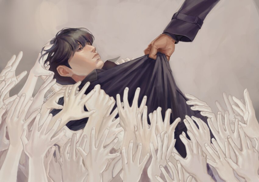 1boy 1other black_eyes black_hair black_shirt clothes_grab clothes_pull collared_shirt expressionless highres kim_dokja omniscient_reader&#039;s_viewpoint out_of_frame people reaching reaching_towards_another shirt shirt_pull short_hair too_many_hands umbrvx yoo_joonghyuk