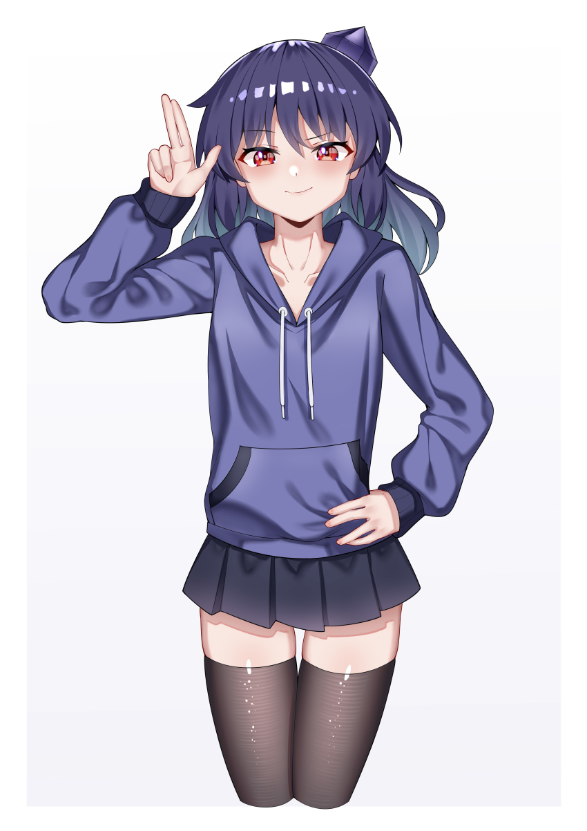 1girl absurdres adapted_costume ailu_elf black_skirt black_thighhighs blue_hair blue_hoodie blush collarbone cowboy_shot hand_on_own_hip hat highres hood hoodie iizunamaru_megumu long_hair miniskirt pleated_skirt red_eyes simple_background skirt tengu thighhighs tokin_hat touhou white_background zettai_ryouiki