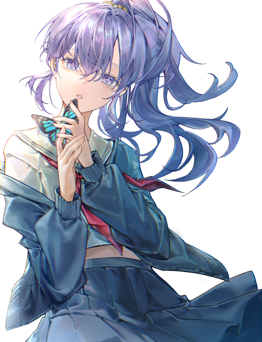 1girl absurdres arrrrrry1 asahina_mafuyu black_cardigan black_skirt blue_butterfly bug butterfly cardigan commentary grey_shirt hair_between_eyes highres holding_butterfly insect long_hair looking_at_viewer midriff_peek miyamasuzaka_girls&#039;_academy_school_uniform neckerchief parted_lips pleated_skirt ponytail project_sekai purple_eyes purple_hair red_neckerchief sailor_collar school_uniform scrunchie shirt sidelocks single_off_shoulder skirt solo symbol-only_commentary white_sailor_collar yellow_scrunchie