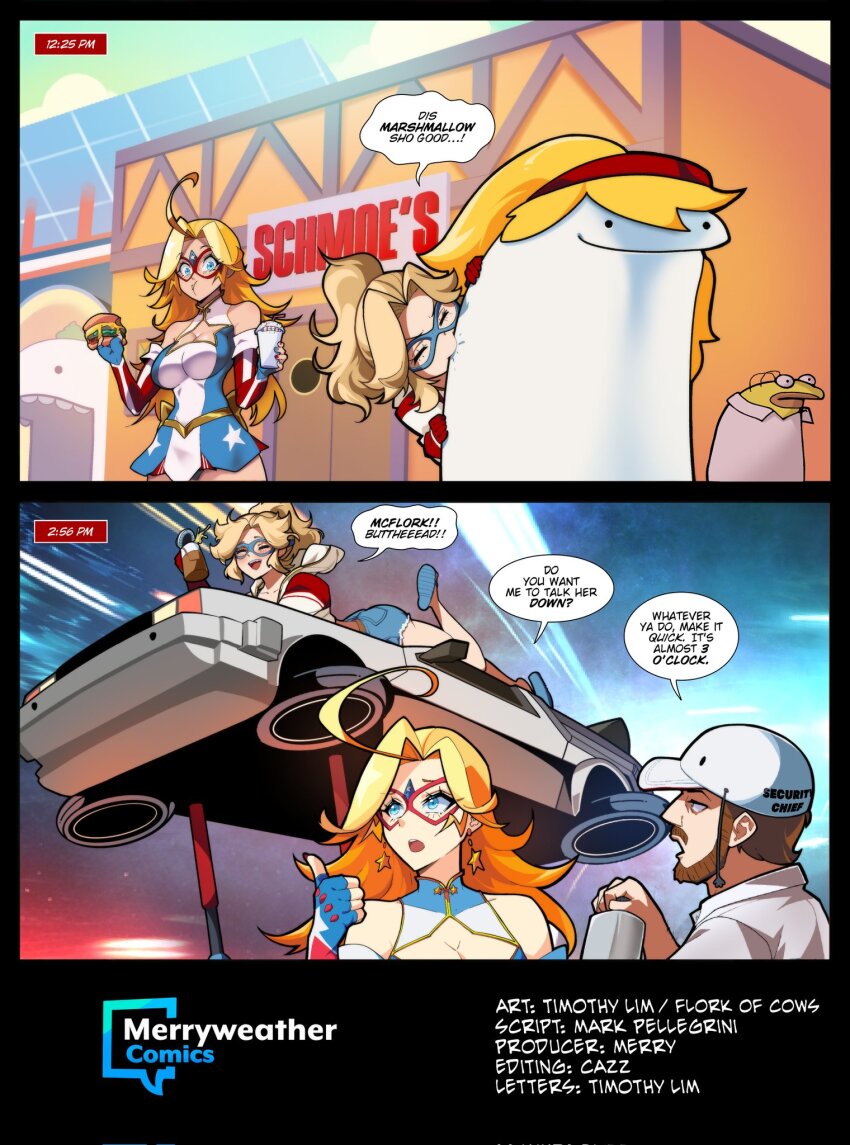 1boy 2girls ahoge baseball_cap beard beer_stein biting blonde_hair blue_eyes blue_footwear blue_gloves blue_nails blue_shorts breasts brown_hair burger cleavage cleavage_cutout clothing_cutout detached_sleeves domino_mask dress drunk earrings elbow_gloves english_text facial_hair fingerless_gloves florida_girl_(merryweather) florkofcows florks flying_car food gloves hairband hat highres holding holding_burger holding_food huge_ahoge jacket jewelry kamen_america kamen_america_(comic) long_hair mask multicolored_dress multicolored_gloves multicolored_nails multiple_girls red_gloves red_hairband red_mask red_nails shirt short_dress shorts speech_bubble star_(symbol) star_cutout star_earrings superhero_costume timestamp two-tone_nails white_gloves white_headwear white_shirt
