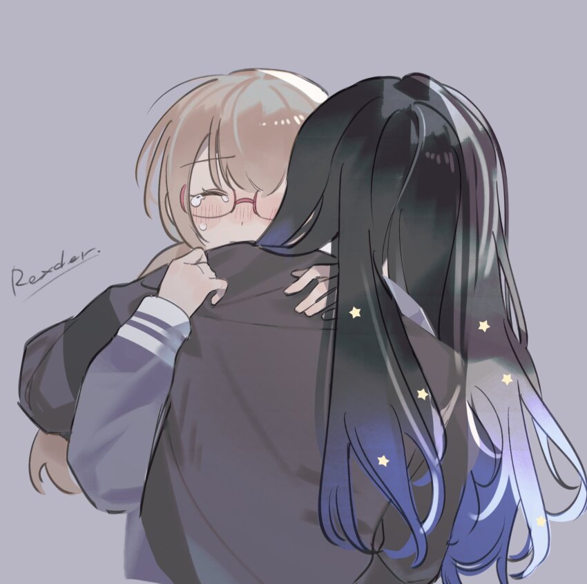 2girls azusawa_kohane black_hair blue_hair brown_hair chinese_commentary closed_eyes commentary_request crying glasses gradient_hair grey_background highres hug jingzhaowhale long_hair long_sleeves miyamasuzaka_girls&#039;_academy_school_uniform multicolored_hair multiple_girls project_sekai school_uniform shiraishi_an simple_background upper_body yuri