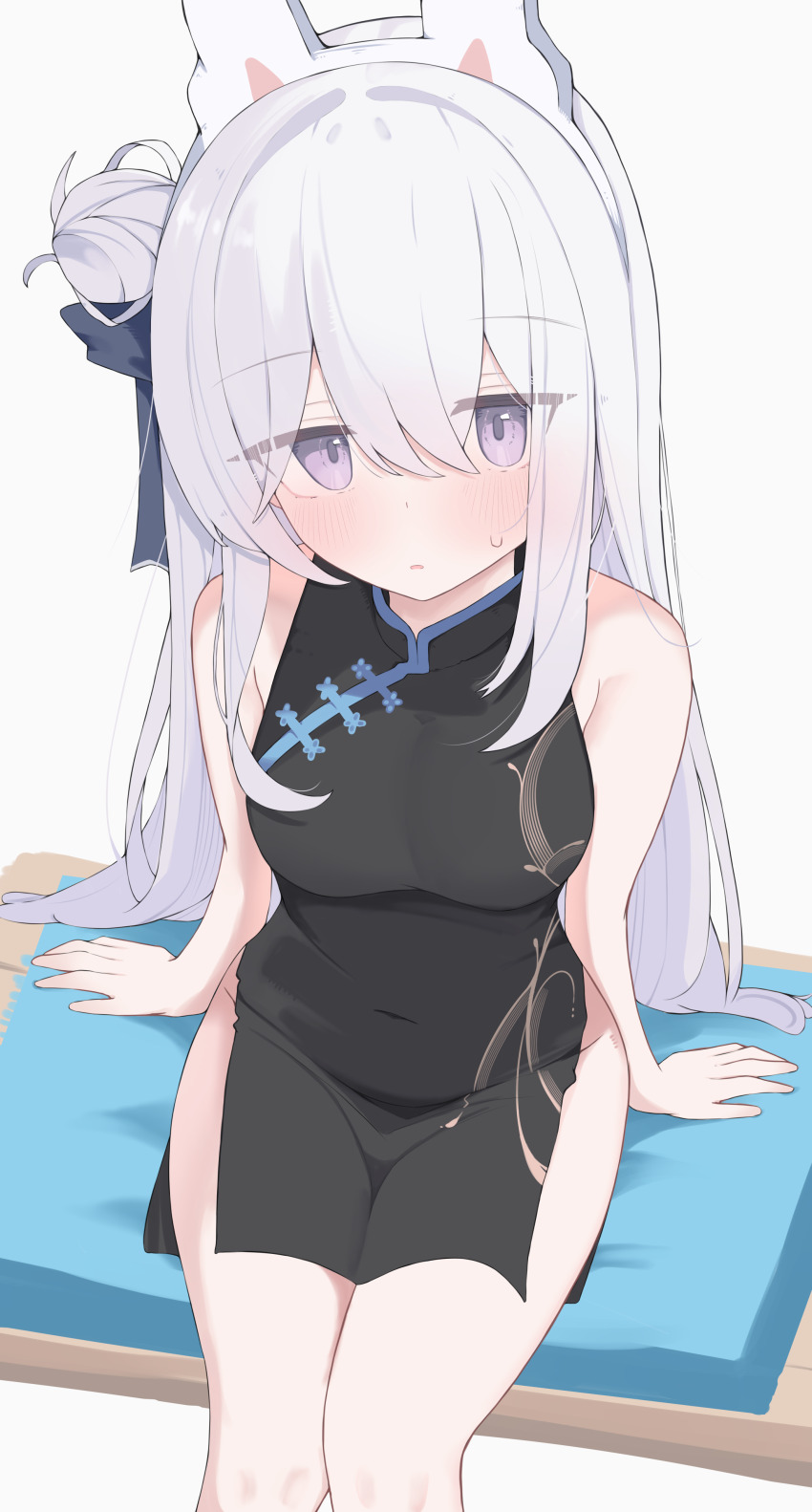 1girl absurdres animal_ears black_dress blue_archive blush breasts china_dress chinese_clothes covered_navel dress fake_animal_ears hair_bun headgear highres large_breasts large_variant_set long_hair looking_at_viewer miyako_(blue_archive) nui_(nuinui0300) open_mouth pee_pad purple_eyes rabbit_ears single_side_bun sitting sleeveless sleeveless_dress solo variant_set white_hair
