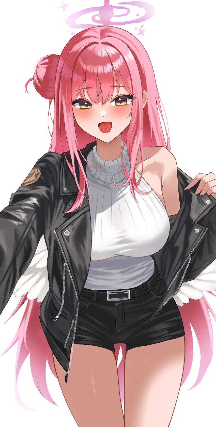 1girl absurdres alternate_costume angel_wings belt black_belt black_jacket black_shorts black_sleeves bllustration blue_archive blush breasts collarbone commentary feathered_wings gradient_halo hair_bun halo highres jacket leather leather_jacket leather_shorts long_hair long_sleeves looking_at_viewer low_wings mika_(blue_archive) multicolored_halo open_clothes open_mouth opened_by_self pink_hair pink_halo shiny_clothes shorts simple_background single_bare_shoulder single_side_bun sleeveless sleeveless_turtleneck smile solo sweater thighs turtleneck turtleneck_sweater white_background white_sweater white_wings wings yellow_eyes