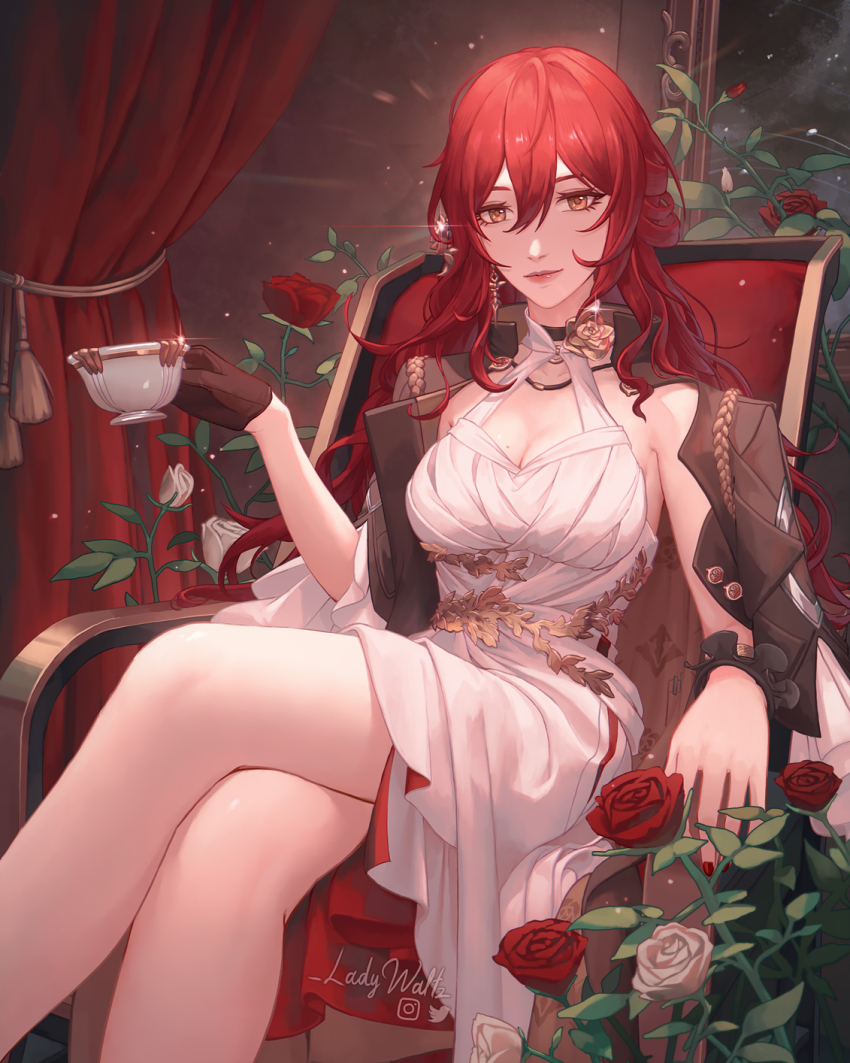 1girl artist_name black_coat black_gloves breasts chair cleavage closed_mouth coat coat_on_shoulders cup dress earrings feet_out_of_frame flower gloves hair_between_eyes halter_dress halterneck highres himeko_(honkai:_star_rail) holding holding_cup honkai:_star_rail honkai_(series) indoors instagram_logo jewelry ladywaltz large_breasts legs long_hair looking_at_viewer on_chair open_clothes open_coat red_curtains red_flower red_hair red_lips red_rose rose single_glove sitting solo teacup twitter_logo very_long_hair white_dress white_flower white_rose yellow_eyes