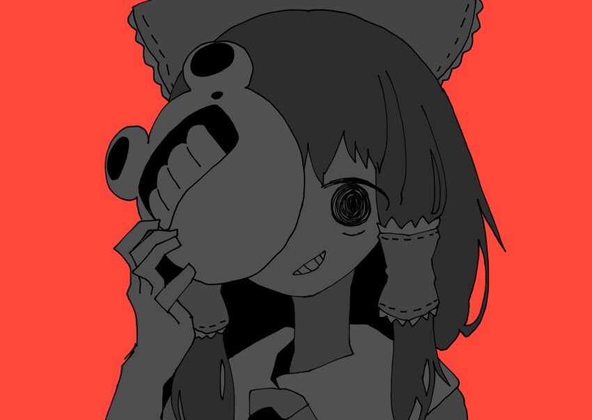 1girl @_@ bow commentary_request cookie_(touhou) frilled_hair_tubes frills greyscale_with_colored_background grin hair_bow hair_tubes hakurei_reimu highres long_hair looking_at_viewer mask mask_on_head muzinneki noel_(cookie) off_(game) offside:_diyusi red_background smile solo touhou upper_body zacharie_(off)