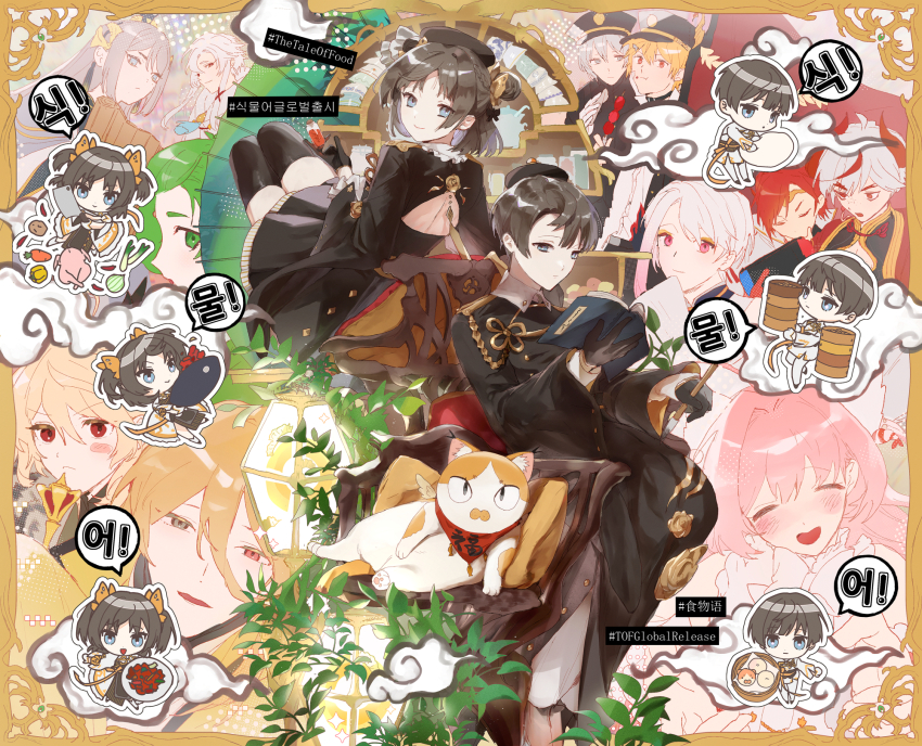 1girl 6+boys androgynous bishounen black_eyes blonde_hair blush brown_hair buddha&#039;s_temptation_(the_tale_of_food) candied_ginkgo_nut_(the_tale_of_food) chibi closed_eyes closed_mouth copyright_name dal-gi dezhou_chicken_(the_tale_of_food) dumpling_(the_tale_of_food) female_master_(the_tale_of_food) fuli_chicken_(the_tale_of_food) gold_chicken_shred_(the_tale_of_food) grey_eyes har-gow_(the_tale_of_food) hashtag heterochromia highres hu-geng_(the_tale_of_food) korean_text long_hair looking_at_another looking_at_viewer lu_wu_(the_tale_of_food) male_master_(the_tale_of_food) mapo_tofu_(the_tale_of_food) mugwort_riceball_(the_tale_of_food) multicolored_hair multiple_boys open_mouth orange_hair peking_duck_(the_tale_of_food) personification pink_eyes pink_hair red_eyes red_hair smile the_tale_of_food trap white_hair