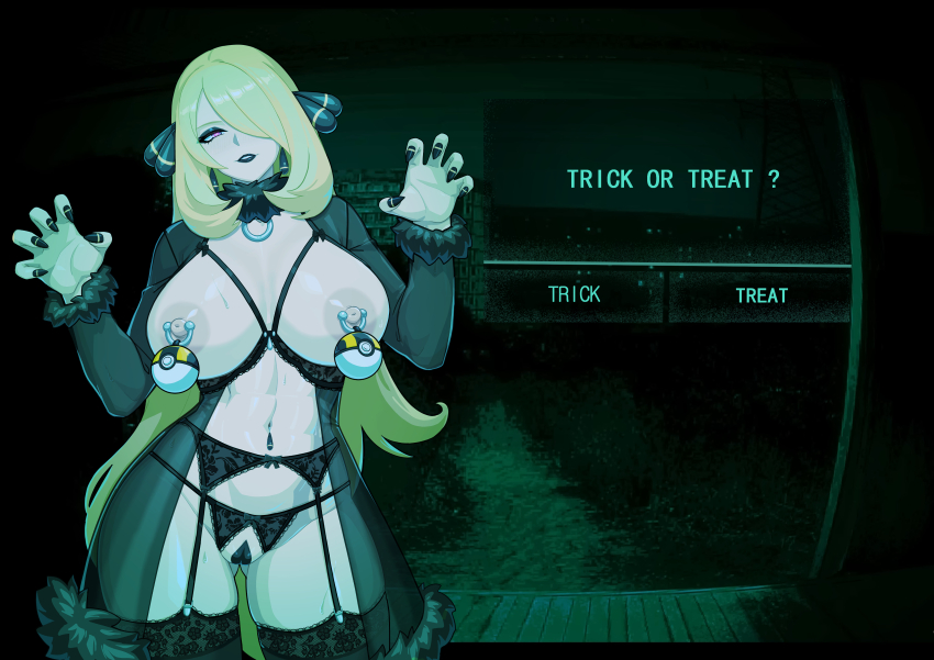 1girl absurdres alternate_breast_size_(larger) black_coat black_lips blonde_hair blush breasts breasts_apart breasts_out cameltoe coat commentary cowboy_shot cynthia_(pokemon) dialogue_box english_commentary english_text eyelashes eyeliner f.b.w fur_trim garter_belt garter_straps gluteal_fold hair_ornament hair_over_one_eye halloween hands_up highres huge_breasts lace_trim large_areolae lingerie lipstick long_hair long_sleeves looking_at_viewer maebari makeup nail_polish navel navel_piercing night nintendo nipple_piercing nipples no_i&#039;m_not_a_human one_eye_covered paid_reward_available parted_lips piercing poke_ball pokemon pokemon_dppt see-through_clothes sidelocks skindentation thick_thighs thighs ultra_ball underwear very_long_hair
