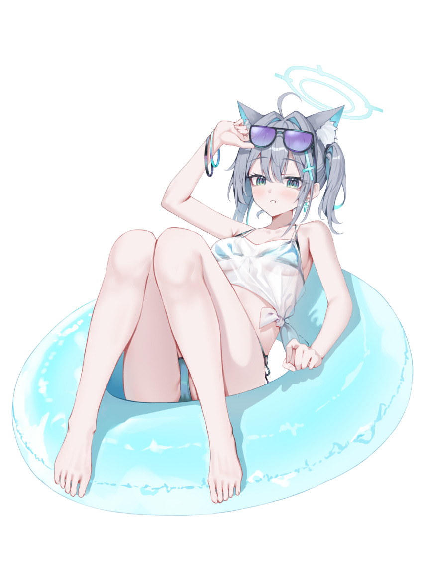 1girl adjusting_eyewear ahoge animal_ears arm_up bare_legs bare_shoulders barefoot bikini blue_archive blue_bikini blue_eyes breasts crop_top eyewear_on_head feet grey_hair ha_en hair_ornament halo hand_on_eyewear highres innertube long_hair looking_at_viewer medium_breasts parted_lips see-through_clothes see-through_shirt shiroko_(blue_archive) shirt side-tie_bikini_bottom side-tie_shirt side_ponytail simple_background sleeveless sleeveless_shirt solo string_bikini sunglasses swim_ring swimsuit thighs toes white_background white_shirt wolf_ears