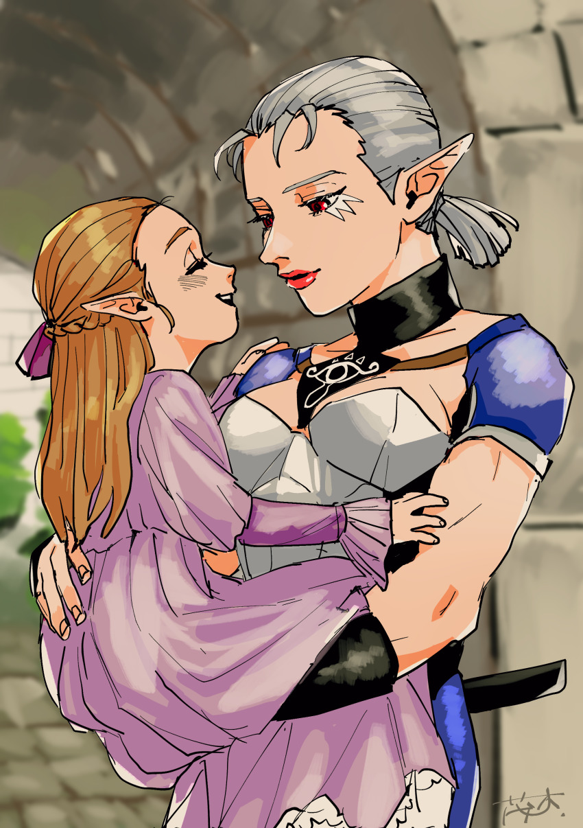 2girls absurdres artist_request carrying dress grey_hair highres impa multiple_girls nintendo pointy_ears ponytail princess_zelda red_lips shrub_mtg shrubs the_legend_of_zelda the_legend_of_zelda:_ocarina_of_time young_zelda