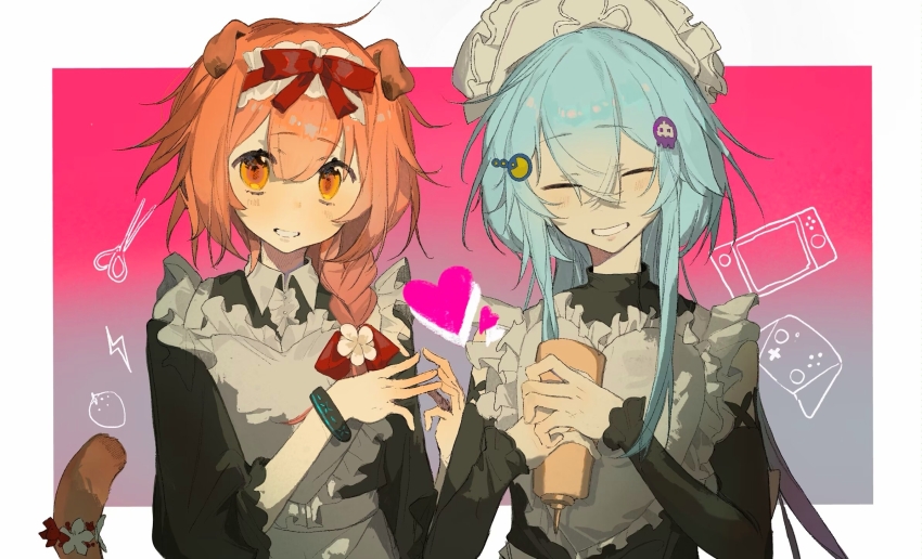 1boy 1girl alternate_costume animal_ears apron arknights black_shirt bracelet braid cat_ears cat_girl cat_tail center_frills chinese_commentary closed_eyes collared_shirt commentary_request crossdressing enmaided flower frills goldenglow_(arknights) grin hair_flower hair_ornament hair_ribbon hat heart heart_apron highres jewelry kuma_(yoooooooo152) long_hair long_sleeves maid male_maid mizuki_(arknights) orange_eyes orange_hair red_ribbon ribbon shirt side_braid single_braid smile tail trap white_apron white_flower white_hat