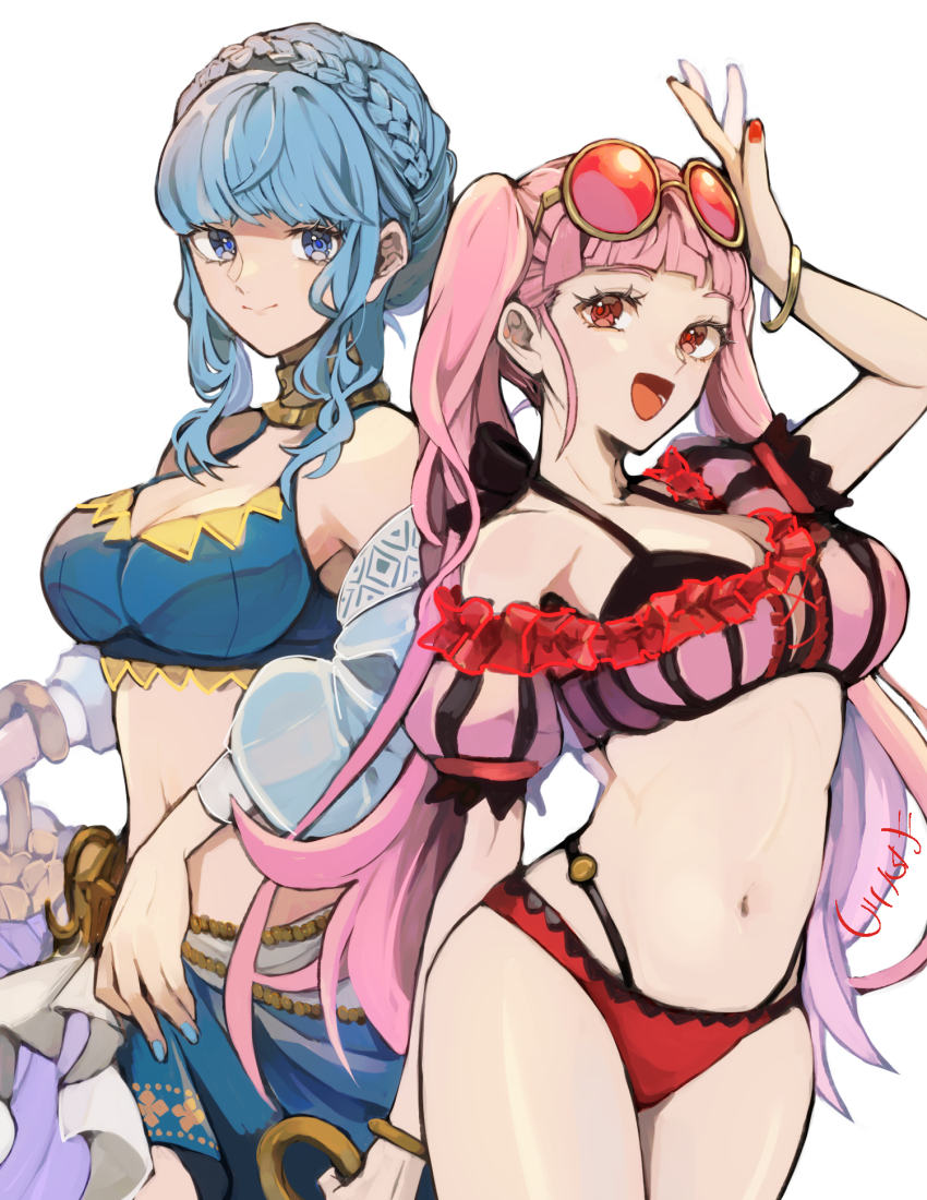 2girls alternate_costume bare_shoulders bikini blue_bikini blue_eyes blue_hair blue_sarong braid breasts cleavage closed_mouth crown_braid eyewear_on_head fire_emblem fire_emblem:_three_houses fire_emblem_heroes highres hilda_valentine_goneril hilda_valentine_goneril_(summer) large_breasts long_hair looking_at_viewer marianne_von_edmund marianne_von_edmund_(summer) medium_breasts multiple_girls navel nintendo off-shoulder_bikini off_shoulder official_alternate_costume open_mouth pink-tinted_eyewear pink_bikini pink_eyes pink_hair sarong smile stomach striped_bikini striped_clothes sunglasses swimsuit tinted_eyewear twintails vertical-striped_bikini vertical-striped_clothes yachimata_1205