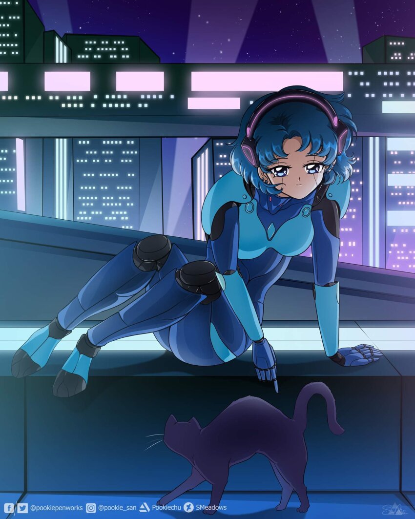 1girl android bishoujo_senshi_sailor_moon blue_eyes blue_hair cat cityscape commission earrings headphones highres humanoid_robot jewelry joints luna_(sailor_moon) mechanical_arms mechabare mechanization mizuno_ami night night_sky pookiepenworks robot robot_girl robot_joints sky smile solo stud_earrings