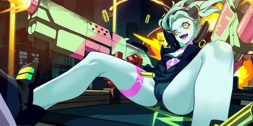 1girl black_bra black_hairband black_jacket black_panties blue_skirt bra breasts cameltoe colored_sclera cyberpunk_(series) cyberpunk_edgerunners dual_wielding explosion firing floating_hair green_eyes green_hair gun hairband holding holding_gun holding_weapon jacket lanzen_wu leg_tattoo mechanical_hands neck_tattoo open_mouth outdoors oversized_limbs panties partially_unzipped pink_lips pink_tattoo prosthesis prosthetic_arm rebecca_(cyberpunk) red_sclera shell_casing shoes skirt small_breasts sneakers solo spread_legs tattoo teeth twintails underwear weapon