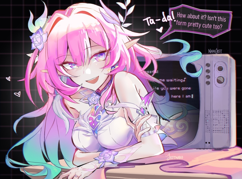 1girl aqua_hair artist_name bare_shoulders breasts commentary cyrene_(honkai:_star_rail) cyrene_(ripples_of_past_reverie)_(honkai:_star_rail) diamond-shaped_pupils diamond_(shape) dress earrings english_commentary english_text flower gradient_hair grid_background hair_flower hair_intakes hair_ornament highres honkai:_star_rail honkai_(series) jestnaro jewelry large_breasts long_hair multicolored_hair pink_hair pointy_ears purple_eyes smile solo speech_bubble symbol-shaped_pupils through_medium through_screen very_long_hair white_dress white_hair