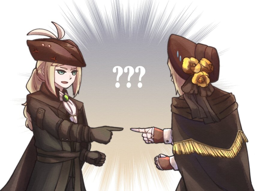 2girls ascot blonde_hair bloodborne coat gloves green_eyes hat hat_feather highres lady_maria_of_the_astral_clocktower long_hair meme miqueliafantasia multiple_girls plain_doll ponytail simple_background tricorne