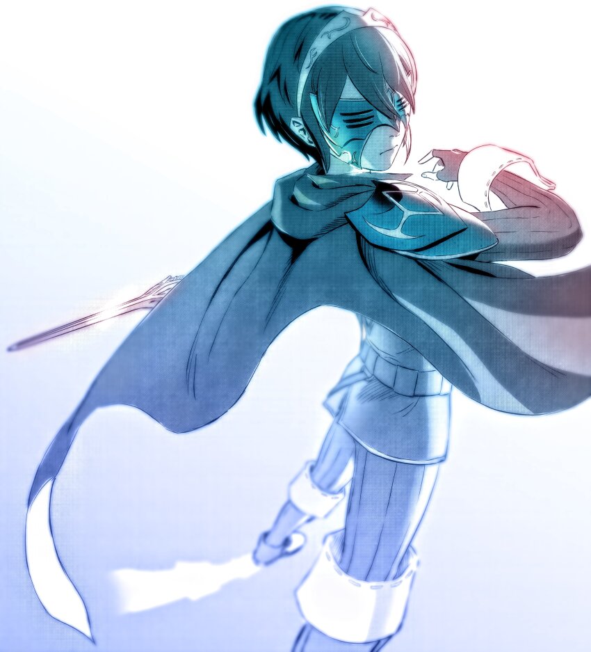 1girl absurdres armor boots cape closed_mouth falchion_(fire_emblem) fingerless_gloves fire_emblem fire_emblem_awakening gloves hashtag-only_commentary highres holding holding_sword holding_weapon kwajia3 long_sleeves looking_at_viewer lucina_(fire_emblem) marth_(fire_emblem_awakening) mask nintendo short_hair shoulder_armor solo sword tiara weapon