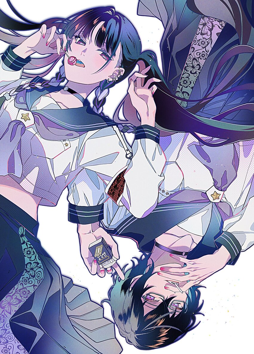 2girls ahoge armband barbell_piercing black-framed_eyewear black_choker black_hair blue_sailor_collar blue_skirt blunt_bangs braid breast_pocket candy choker cigarette cigarette_pack collarbone commentary_request crossed_bangs ear_piercing earrings eyelashes fingernails food genderswap genderswap_(mtf) glasses hair_between_eyes hair_intakes hands_up highres holding holding_candy holding_cigarette_pack holding_food holding_lollipop industrial_piercing jewelry kaburagi_(pnoir087) lollipop long_hair long_sleeves looking_at_viewer lying meloco_kyoran multicolored_hair multiple_girls nail_polish neckerchief nijisanji nijisanji_en o-ring o-ring_choker on_back open_mouth piercing pink_nails pleated_skirt pocket purple_eyes purple_hair purple_neckerchief sailor_collar school_uniform seila_(shikinagi_akira) serafuku shikinagi_akira shirt short_hair side_braids simple_background skirt star_(symbol) streaked_hair tongue tongue_out twin_braids twintails upside-down very_long_hair virtual_youtuber white_background white_shirt