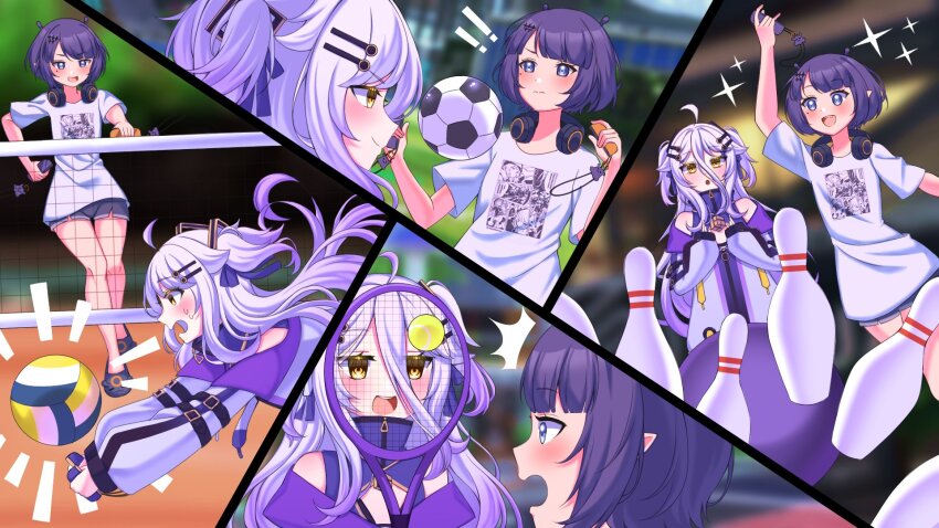 ! !! :d :o ^^^ ahoge ball black_shorts blue_eyes blunt_bangs blush bob_cut bowling bowling_ball bowling_pin clapping cleavage_cutout clothing_cutout commentary controller crossover dress english_commentary game_controller gradient_hair grey_hair hair_between_eyes hair_ornament hair_ribbon hairclip headphones headphones_around_neck henya_the_genius henya_the_genius_(1st_costume) highres holding holding_controller holding_game_controller hololive hololive_english jacket joy-con charm_(object) long_hair mikumoreau mole mole_under_eye multicolored_hair ninomae_ina&#039;nis ninomae_ina&#039;nis_(loungewear) nintendo_switch_sports off-shoulder_jacket off_shoulder official_alternate_hairstyle open_mouth playing_sports print_shirt purple_dress purple_hair purple_jacket purple_ribbon racket ribbon shirt short_hair short_shorts short_sleeves shorts sidelocks sleeveless sleeveless_dress slippers smile smug soccer_ball sparkle surprised sweatdrop t-shirt takodachi_(ninomae_ina&#039;nis) teeth tennis_ball tennis_racket throwing two_side_up upper_teeth_only virtual_youtuber volleyball volleyball_(object) volleyball_net vshojo walking white_shirt worried yellow_eyes zipper