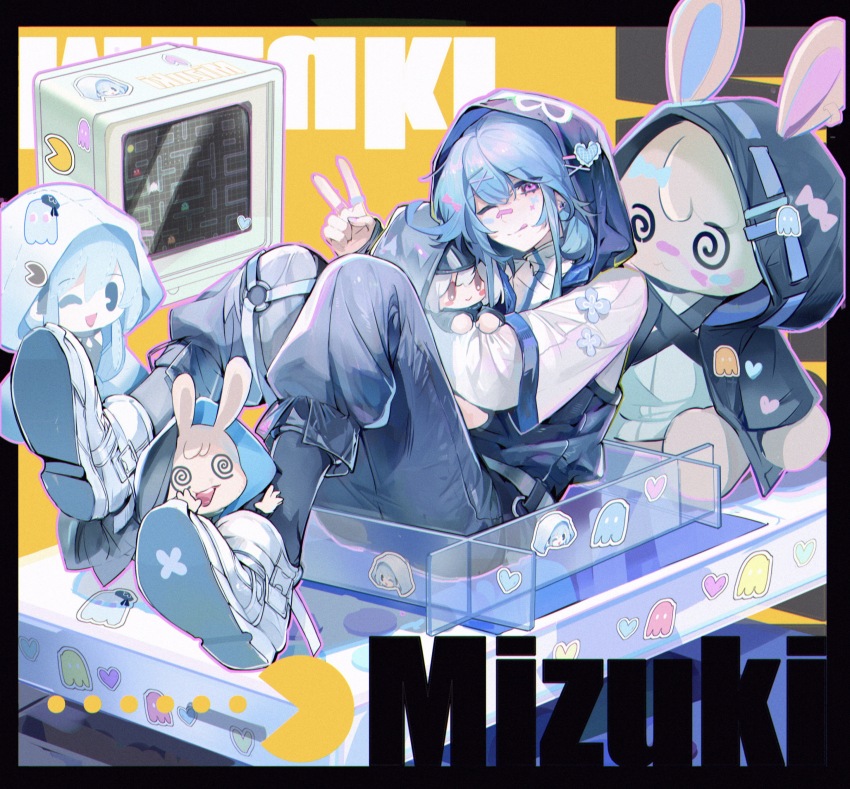 1boy absurdres arcade_cabinet arknights bandaid bandaid_on_face bandaid_on_nose black_jacket black_socks blackte69652249 blinky_(pac-man) blue_hair blue_pants border character_name chinese_commentary choshanland_plushy_(arknights) clyde_(pac-man) commentary_request computer doctor_(arknights) highres holding holding_stuffed_toy hood hood_up hooded_jacket inky_(pac-man) jacket knees_up male_doctor_(arknights) male_focus mizuki_(arknights) one_eye_closed pac-man pac-man_(game) pants pink_eyes pinky_(pac-man) see-through_clothes see-through_sleeves shoes sneakers socks solo stuffed_toy white_shoes yellow_background