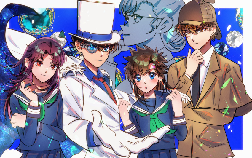 2boys 3girls :o bad_anatomy bad_hands black_necktie blue_eyes border brown_hair cape commentary_request floating_cape formal_clothes from_side gem glasses gloves hakuba_saguru hat highres kaitou_kid kawo_(kawo2525_) koizumi_akako long_hair looking_ahead looking_at_viewer magic_kaito monocle monocle_chain mother_and_daughter multiple_boys multiple_girls nakamori_aoko nakamori_midoriko necktie orange_eyes parent_and_child pleated_skirt reaching reaching_towards_viewer red_eyes red_hair red_necktie school_uniform short_hair skirt suit top_hat white_border white_cape white_gloves white_suit