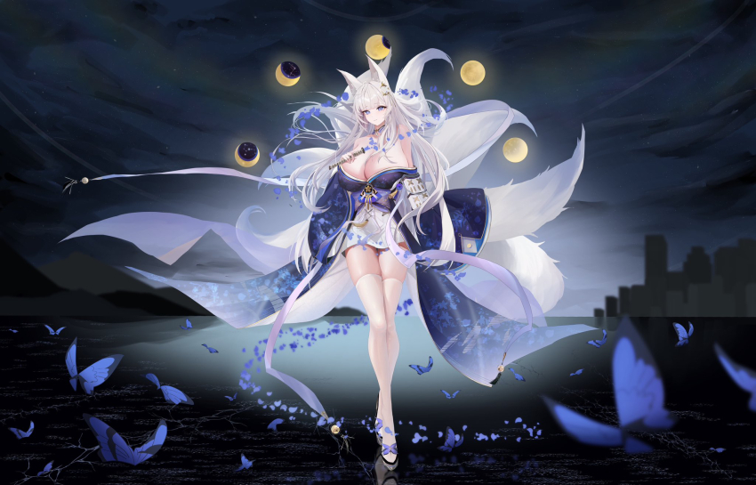 1girl animal_ears azur_lane bare_shoulders blue_butterfly blue_collar blue_eyes blue_kimono blue_petals breasts bug butterfly check_commentary cleavage collar collarbone commentary_request commission crescent_moon fox_ears fox_tail full_body full_moon highres holding holding_sword holding_weapon huge_breasts insect japanese_clothes kimono kitsune kodokunogotoku kyuubi large_tail long_hair long_sleeves looking_at_viewer moon moon_phases multiple_tails new_moon night pixiv_commission reflection shinano_(azur_lane) shirt shoes skirt_under_kimono solo sword tail thighhighs very_long_hair walking weapon white_hair white_shirt white_shoes white_tail white_thighhighs wide_sleeves zettai_ryouiki