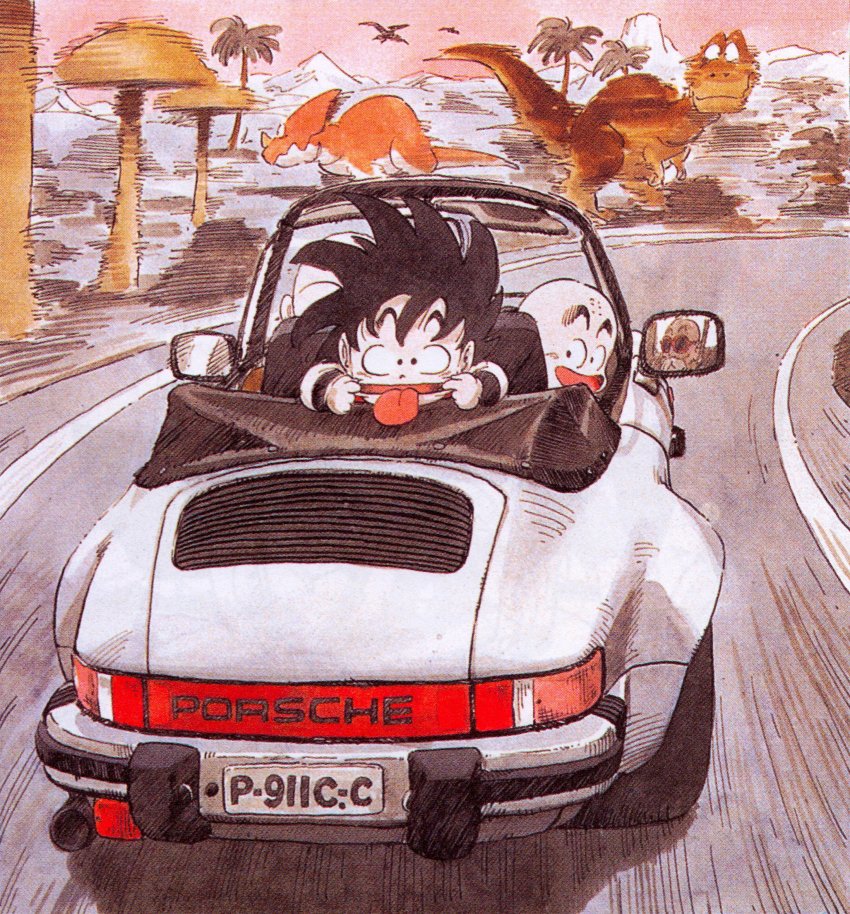 3boys :d :p absurdres bald bear black_eyes black_hair blurry blurry_background bush car commentary convertible dinosaur dragon_ball dragon_ball_(classic) driving expressionless facial_hair facing_away finger_in_own_mouth floating_hair fungus happy highres kuririn license_plate looking_afar looking_at_another looking_at_viewer looking_back male_focus messy_hair mirror motion_blur motion_lines motor_vehicle mountain multiple_boys mustache muten_roushi nature official_art open_mouth outdoors palm_tree porsche porsche_911 prehistoric_animal pterosaur rear-view_mirror red-framed_eyewear retro_artstyle road shadow smile son_goku speed_lines sunglasses toei_animation tongue tongue_out toriyama_akira tree triceratops tyrannosaurus_rex vehicle_focus wristband