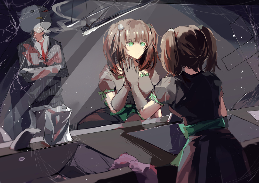 1boy 1girl absurdres against_wall alternate_costume animal_helmet bathroom beard_stubble black_dress black_jacket black_pants black_suit blazer bow brown_hair ceiling_light chinese_commentary cigarette closed_mouth collared_jacket commentary_request covered_face crack cracked_glass crossed_arms crossed_bandaids danganronpa_(series) danganronpa_another dress dress_bow eyelashes facial_hair faucet formal_clothes frilled_sleeves frills from_behind frown fur_scarf gloves green_eyes grey_hair hair_bobbles hair_ornament hand_on_mirror hashimoto_syobai highres indoors jacket lapels light_particles long_hair long_sleeves medium_hair monocrow mouth_hold nijiue_iroha notched_lapels pants pink_scarf pinstripe_pants pinstripe_pattern pinstripe_suit pleated_skirt puffy_short_sleeves puffy_sleeves reflection scarf setsuna_reed short_dress short_sleeves sink skirt sleeve_bow smoke smoking spoilers stubble suit super_danganronpa_another_2 twintails unworn_scarf waist_bow white_gloves worried