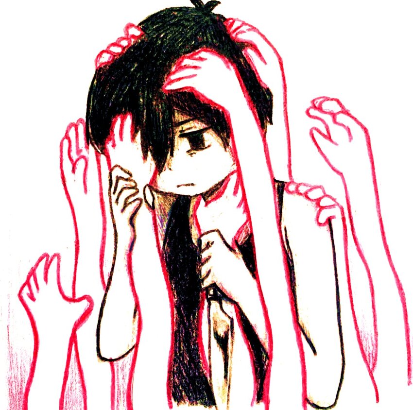 :| black_hair black_tank_top blood bloody_knife closed_mouth color_filter commentary_request covering_another&#039;s_eye exhausted grabbing_another&#039;s_arm grabbing_another&#039;s_hair hand_on_another&#039;s_wrist highres holding holding_knife knife limited_palette omori omori_(omori) qbyyad reaching reaching_towards_another short_hair tank_top too_many_hands upper_body