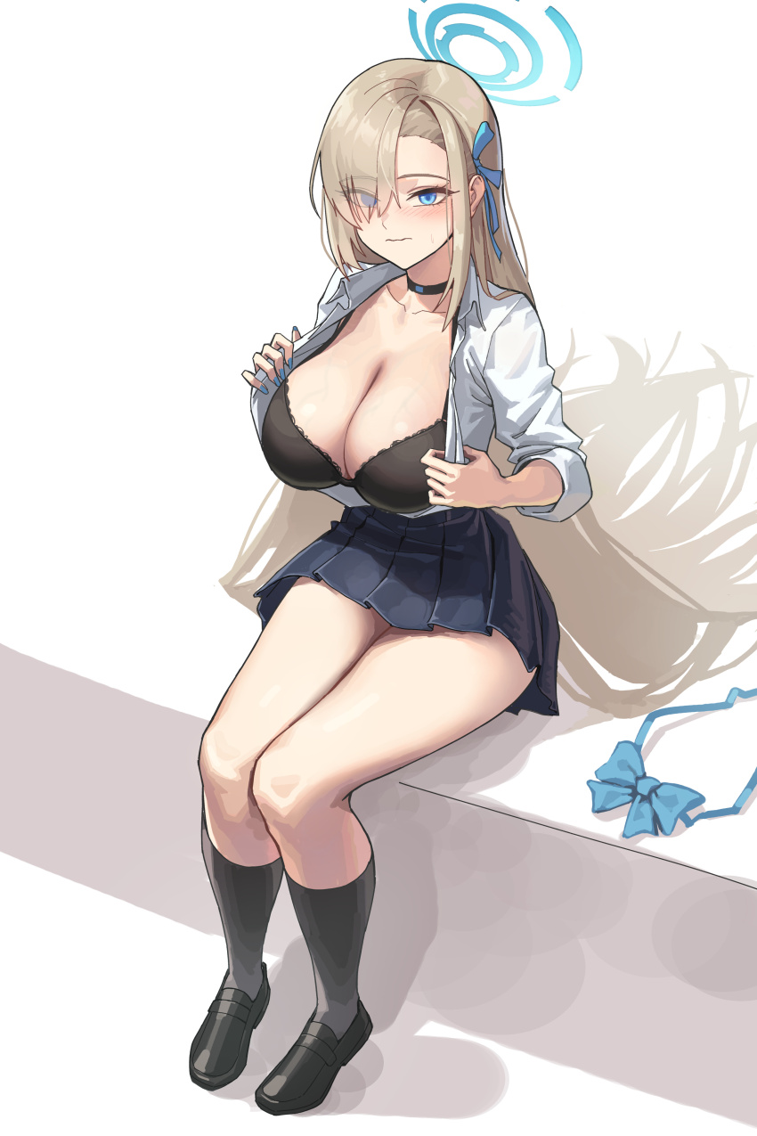 1girl absurdres asuna_(blue_archive) asuna_(school_uniform)_(blue_archive) asymmetrical_bangs black_bra black_choker black_shoes black_skirt black_socks blue_archive blue_bow blue_bowtie blue_eyes blue_halo blue_nails blue_ribbon blush bow bowtie bra breasts brown_hair choker cleavage closed_mouth collared_shirt commentary dress_shirt embarrassed eyes_visible_through_hair full_body hair_over_one_eye hair_ribbon halo highres ksksksa lace lace-trimmed_bra lace_trim large_breasts legs_together loafers long_hair looking_at_viewer miniskirt nail_polish open_clothes open_shirt pleated_skirt ribbon shirt shoes simple_background sitting skirt socks solo sweatdrop underwear unworn_bowtie veins veiny_breasts wavy_mouth white_background white_shirt wing_collar
