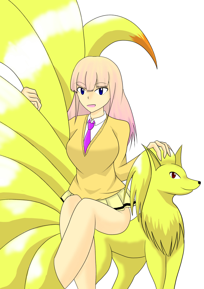 1girl 1other absurdres gen_1_pokemon higashi-o_ishin highres katou_asuka ninetales nintendo pokemon pokemon_(creature) school_uniform watashi_ga_motenai_no_wa_dou_kangaetemo_omaera_ga_warui!