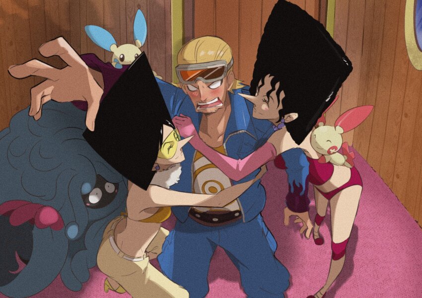 1boy 2girls ^_^ beard_stubble bikini bikini_top_only black_hair blush closed_eyes commentary earrings elbow_gloves english_commentary facial_hair from_above gloves hair_slicked_back highres hug jacket jewelry kiwi_(one_piece) long_nose mos_(one_piece) multiple_girls nintendo one_piece panties paulie_(one_piece) pearl_earrings pink_gloves pokemon pokemon_(creature) startboii stubble swimsuit underwear