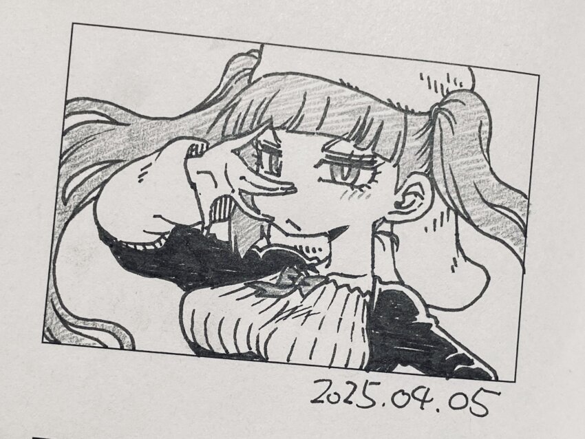 1girl 2025 :&lt; alternate_breast_size black_dress bleach blush breasts chibi dated dokugamine_riruka dress fingernails hanya_(hanya_yashiki) hat highres large_breasts long_hair looking_at_viewer monochrome nail_polish photo_(medium) simple_background solo traditional_media tsundere twintails very_long_hair white_background