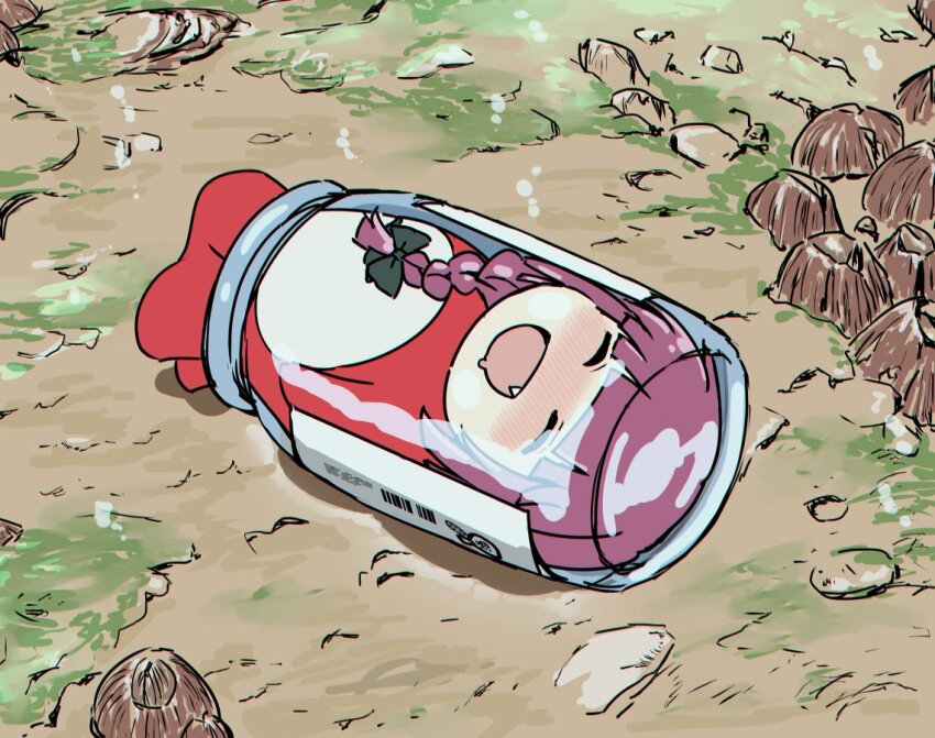 1girl blush bocchi_the_rock! bow braid braided_ponytail closed_eyes drooling fang gake_no_ue_no_ponyo hair_bow hiroi_kikuri in_container in_jar jar long_hair mouth_drool nose_blush open_mouth outdoors ponyo purple_hair smile solo torako_(toramaru)