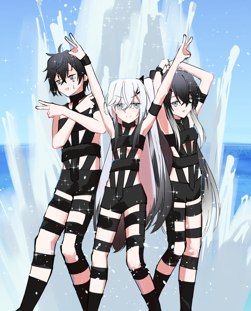 1boy 2girls ahoge allial_(coefont) arm_strap armpits arms_up averuni_(coefont) black_collar black_eyes black_hair black_shorts blue_sky blush bondage_outfit breasts clear_sky closed_mouth coefont collar crossed_bangs day double_v feet_out_of_frame grey_eyes hair_between_eyes hair_ornament hairclip hands_on_own_head highres horizon hot_limit looking_at_viewer looking_to_the_side millial_(coefont) multicolored_hair multiple_girls ocean open_mouth outdoors outstretched_arms revealing_clothes sea_spray short_hair shorts siblings side-by-side sidelocks sisters sky small_breasts smile t.m.revolution teckinder two-tone_hair underboob v white_hair
