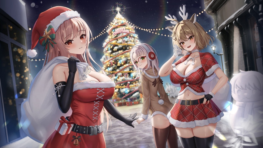 3girls absurdres alternate_costume anis_(nikke) bag black_gloves black_thighhighs breasts brown_eyes brown_hair brown_leotard brown_thighhighs christmas_tree cleavage commentary_request counters_(nikke) crop_top dress elbow_gloves fake_antlers fingerless_gloves glasses gloves goddess_of_victory:_nikke hat headphones highres holding holding_bag large_breasts leotard long_hair looking_at_viewer miniskirt multiple_girls neon_(nikke) night night_sky outdoors parted_lips purple_hair rapi_(nikke) red_dress red_eyes red_skirt santa_costume santa_dress santa_hat short_hair skirt sky subob_(subobdesu) thighhighs thighs zettai_ryouiki