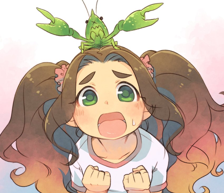 1girl animal animal_on_head brown_hair clenched_hands collarbone commentary crayfish crustacean enuma_(uma-festival) gradient_hair green_eyes hair_ornament hair_scrunchie hands_up highres idolmaster idolmaster_cinderella_girls kusakabe_wakaba light_blush long_hair looking_at_viewer multicolored_hair on_head open_mouth orange_hair parted_bangs pink_scrunchie scrunchie shirt short_sleeves sweat t-shirt teeth thick_eyebrows tongue twintails very_long_hair wavy_hair white_shirt worried