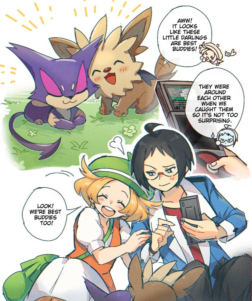 1boy 1girl :d ahoge bag bianca_(pokemon) black_hair black_pants blonde_hair blue_jacket blush buck_teeth cheren_(pokemon) closed_eyes commentary cuddling dress english_commentary english_text gen_5_pokemon grass green_bag green_hat hat highres holding jacket lillipup miiyokoe multiple_views nintendo open_mouth orange_vest pants pokemon pokemon_(creature) pokemon_bw purrloin shirt short_hair shoulder_bag smile speech_bubble teeth upper_teeth_only vest white_dress white_shirt