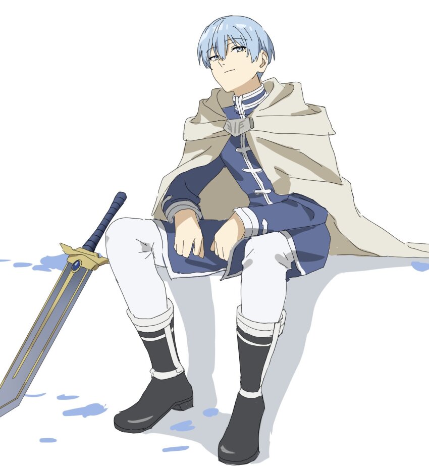 1boy black_boots blue_eyes blue_hair blue_jacket boots cape closed_mouth highres himmel_(sousou_no_frieren) invisible_chair jacket long_sleeves looking_at_another male_focus pants short_hair simple_background sitting smile solo sousou_no_frieren sword turtleneck weapon white_background white_pants wqdofjpeqs63235