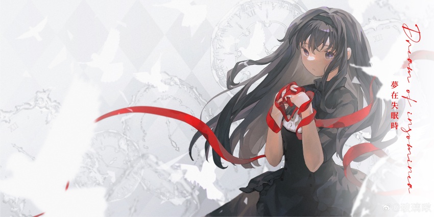 1girl absurdres akemi_homura akemi_homura_(black_dress) argyle_background bilingual_text bird black_bow black_bowtie black_dress black_hair black_hairband bow bowtie chinese_commentary chinese_text clock collared_dress commentary_request cowboy_shot dove dress english_text grey_background hair_between_eyes hairband highres holding holding_ribbon long_dress long_hair looking_at_viewer mahou_shoujo_madoka_magica mahou_shoujo_madoka_magica:_hangyaku_no_monogatari mixed-language_text moieko parted_lips purple_eyes red_ribbon ribbon shirt shirt_under_dress short_sleeves sidelocks sleeve_cuffs solo watermark weibo_watermark white_shirt